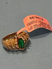 Vintage CI vermeil sterling simulated emerald white sapphire s7.25 ring 082923@