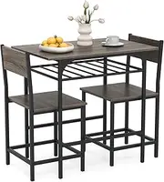 Giantex Dining Table Set for 2, 3-Piece Wood Rectangular Table & Chair Set w/Metal Frame, Storage Rack, Space-Saving Dinette Set for Breakfast Nook, Kitchen Dining Room (Grey Oak+Black)