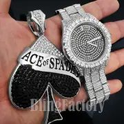 MEN ICED HIP HOP SILVER PT FASHION WATCH & ACE of SPADES BLING PENDANT SET