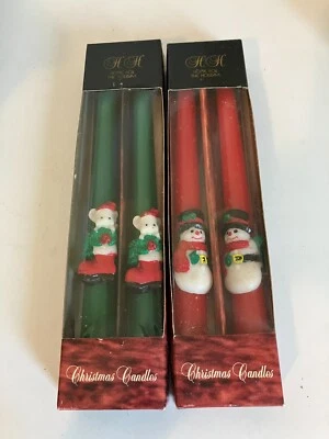 2 Pair Vintage Christmas Mice & Snowmen 10” Taper Candles In Box Unused