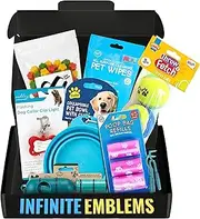Dog Walking Gift with Tennis Ball x3, Collapsible Bowl, Pet Wipes, Poop Bag Dispenser and Refills, Safety Flashing Collar Tag, Tick Remover and Dog Treats