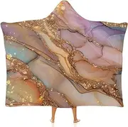 [Ausinbed] Marble Pattern Wearable Cloak Hooded Blanket Fleece Hooded Robe Cloak Arctic Velvet Warm Throw Quilt Poncho Soft Nap Blanket Novelty Blanket Air Conditioning Blanket,50"x60"