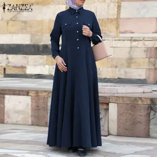 ZANZEA女士素色立領高腰穆斯林長洋裝