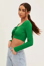 Green Textured Top Front Tie - Size XS, Women's Top