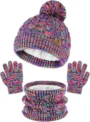 [Glooarm] Kids Winter Hat Gloves Scarf Set, Toddler Girls Knit Gloves Neck Warmer with Fleece Lined Beanie Hat for 2-14 Years