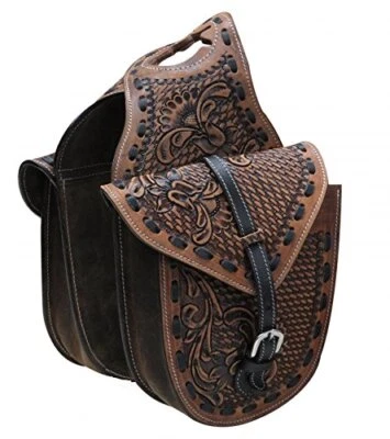 Showman Medium Oil Floral / Basket Weave Tooled Leather Horn Bag