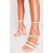 Cream PU Square Toe Strappy Lace Up Block Heeled Sandals, Cream
