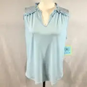 CeCe sky blue smocked shoulder vneck blouse top size large NWT