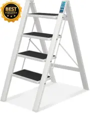 4 Step Ladder, Folding Step Stool with Anti-Slip Pedal, 330 Lbs Capacity, White