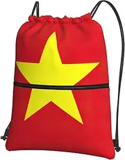 EdWal Vietnamese Flag Print Drawstring Backpack Gym Bags Sports Bags With Zipper Pocket For Travel Beach, Black, One Size