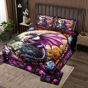Western Dragon Kids Bedspread Queen Size,Purple Dragon Pine Trees Natural Coverlet Set,Boys Girls Room Decor,Glass Painting Geometric Quilted Coverlet,Unique Fashion Bedding Quilt,2 Pillowcases