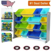 Supersized Toy Storage Organizer with 16 Removable Bins – Grey/Blue/Green/Yellow