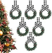 6PCS Small Christmas Wreath, 13cm Christmas Wreath with Bows, Rustic Small Wreaths for Kitchen Cabinets, Artificial Greenery Christmas Wreaths, Lightweight Wreath Decor for Farmhouse Wall