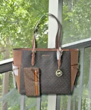 Michael Kors Gilly Large Brown MK Signature Handbag Purse Tote Bag + Flat Wallet