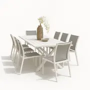 Tahitian 2.1m Aluminium Dining Table with 8 Patonga Dining Chairs White