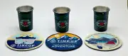 3 X TIN CUP AMERICAN WHISKEY METAL SHOT GLASSES & COASTERS - PUB HOME BAR WHISKY