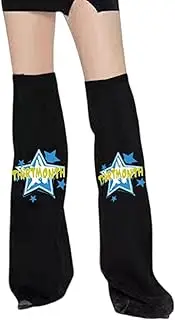 [Oxtxuzdm] Women Subcultures Punk Overknee Black Denims Leg Warmers Star and Letters Graphics Flared Baggy Foot Covers Socks
