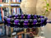 Amethyst and Black TOURMALINE bead bracelet men 8mm 7, 7.5, 8, or 8.5 inch