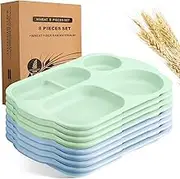Vesici 8 Pcs Large 12 Inch Unbreakable Divided Plates for Kids Adults - Wheat Straw Tray - Microwave Dishwasher Safe - Reusable Plastic Compartment Plates(Green, Blue)