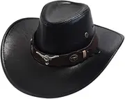 [ARSUGMZ] Faux Leather Western Cowboy Hats Fit for Women Men Vintage Big Brim Panama Cowgirl Jazz Cap Sombrero Hombre