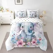 Feelyou Kids Elephant Comforter Set with Sheets Full Size, Cute Elephant 7 Pieces Bedding Set Boys Girls Cartoon Animal Bed in A Bag Pink Floral Teens Bed Set 7Pcs