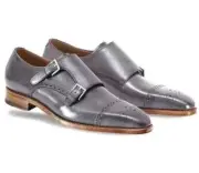 Handmade Gray Leather Oxford Brogue Toe Cap Double Buckle Monk Strap Shoes