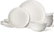 Wareland Plates and Bowls Sets - 16 Pieces Ceramic Dinnerware Sets for 4, Embossed White Dish Set Porcelain Kitchen Dishware Sets Dishwasher & Microwave Safe (Brocade Flower)