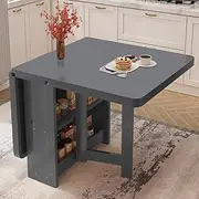 Solid Wood Folding Kitchen Table with Drop Leaf and Double Layer Storage Rack Extendable Dining Table for Kitchen or Office Supports up to 400KG
