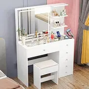 Advwin Dressing Table with Mirror and LED Lights, Makeup Vanity Table with Glass Desktop, Vanity Desk Stool Set with 5 Drawers and Charging Station, White