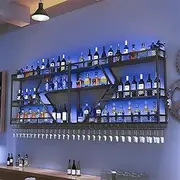 Metal Wine Rack Wall Mounted with Wine Glass Holder with LED Light, Liquor Shelf Wall Mounted, for bar Living Room Dining Room (Black with Blue Led, 3TIERS-95 * 7.9 * 33.9inch)