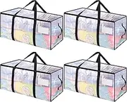 4 Pack Large Storage Bags,Clear Moving Bags with tag Pocket,Heavy Duty Packing Bags Waterproof Organizer Tote with Zips for Clothes Storage Moving Travelling Camping Packing Supply