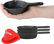 Modern Innovations Black Mini Cast Iron Skillet Set with Silicone Mitt (4 Count) - 3.5 Inch Pans,Pre Seasoned Small Skillets for Baked Cookie/Brownie or Cooked Eggs
