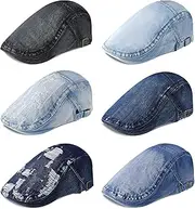 [Hercicy] 6 Pcs Men's Denim Newsboy Cap Cotton Flat Cap Adjustable Beret Hat Ivy Gatsby Driving Hunting Cabbie Hats, Multicoloured, One Size