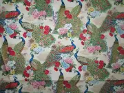 PEACOCKS REALISTIC BIRDS FEATHERS CREAM COTTON FABRIC FQ