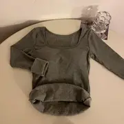 Long-Sleeve Fleece-Lined Slim-Fit Top Plain - Gray - One Size