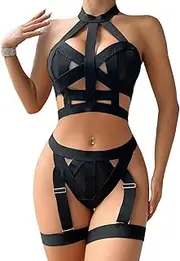 [Lilosy] Sexy Chocker Halter Cutout Strappy Rave Outfits Push Up Garter Belt Women Mesh Sheer Lingerie Set Harness Bra Panty