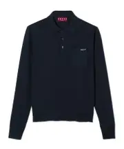 Fine wool knit polo top with intarsia XL,L dark blue