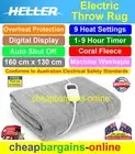 HELLER HEATED THROW RUG BLANKET GREY CORAL FLEECE 9 HEAT TIMER WASHABLE AUTO OFF