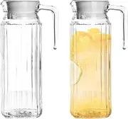 2Pack Plastic Pitcher with Lid 1.1L Clear Water Jar BPA-Free Fridge Iced Tea Pitcher for Water Ice Tea Coffee Milk Juice(Striped)