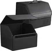 Car Trunk Organizer with Handle, Leather Multipurpose Car Cargo Boot Organiser, Collapsible Storage Box for SUVs & Sedans, Car Boot Tidy Organization for Car Accessories (Black Solid/2Pcs-S)