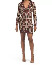 AIDAN MATTOX V-neck Long Sleeve Sheath Beaded Dress (size 12)