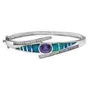 Amethyst & Australian Opal Inlay 925 Sterling Silver Bangle Bracelet OX2