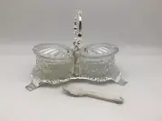 Vtg Hugo? Silver Plated Double Clam Shell Condiment Caddy With Spoons NOB