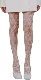 [Aesphelia] Women's White Fishnet Tights Cherry Blossom Patterned Hosiery Sexy Mesh Hollow out Fishnet Stockings Pantyhose