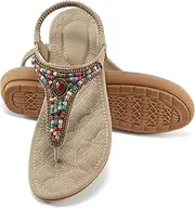 [Ecetana] Womens Sandals Dressy Flat Comfortable Casual Summer Thong Sandals with Ankle Elastic Beaded Bohemian Flats Slip On