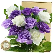12 Stems Artificial Flowers Real Touch Silk Roses for Purple & White Vows