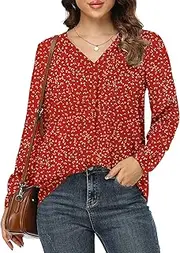 [Anelune] Womens Tops Pleated Lantern Sleeve V-Neck Shirts Elegant Solid Color Loose Fit Casual Chiffon Blouse
