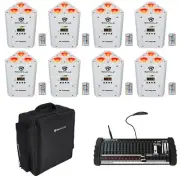 (8) Rockville RF WEDGE WHITE RGBWA+UV Wireless DMX Up-Lights+Controller+Backpack