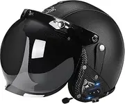 Vintage Motorbike Helmet Leather Jet Helmet with Bluetooth Open Helmet Removable and Washable Liner for Adult Men Women Motorcycle Cruiser DOT/ECE Approved