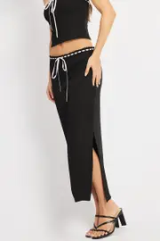 Black Midi Skirt High Rise Lace Detail Rib Jersey - Size 16XL, Women's Bodycon Skirt
